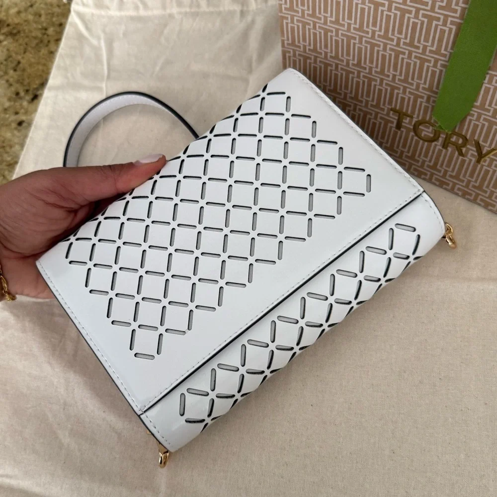 New Tory Burch Emerson Perforated Chain Wallet Crossbody Optic white